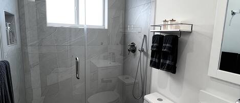 A modern bathroom with a glass-enclosed shower, a toilet, and a sink with a mirror above it.