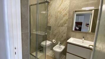 Shower, hair dryer, bidet, towels