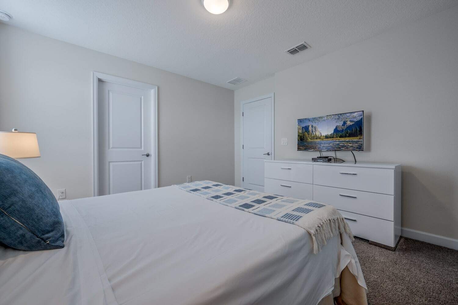 A bedroom with a bed, a dresser, a television, and a door.
