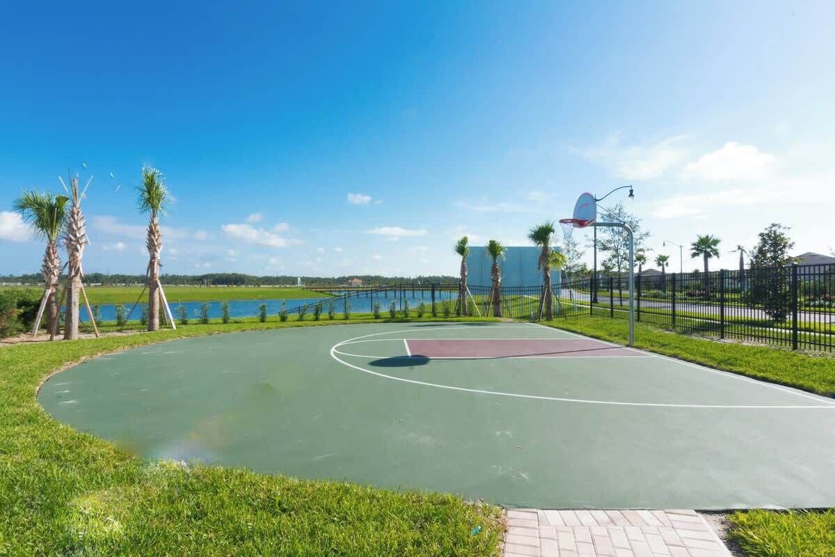 An outdoor basketball court with a green surface, surrounded by grass and palm trees, with a clear blue sky above.