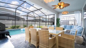 Et overdækket udendørs område med pool, fletmøbler og ventilatorer i loftet.