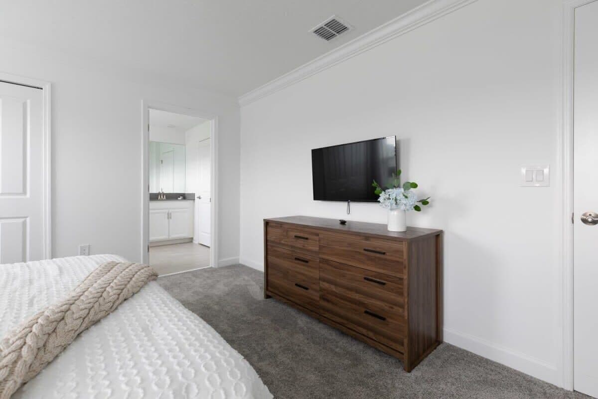 Una camera da letto con un letto, una cassettiera, una TV e una porta.