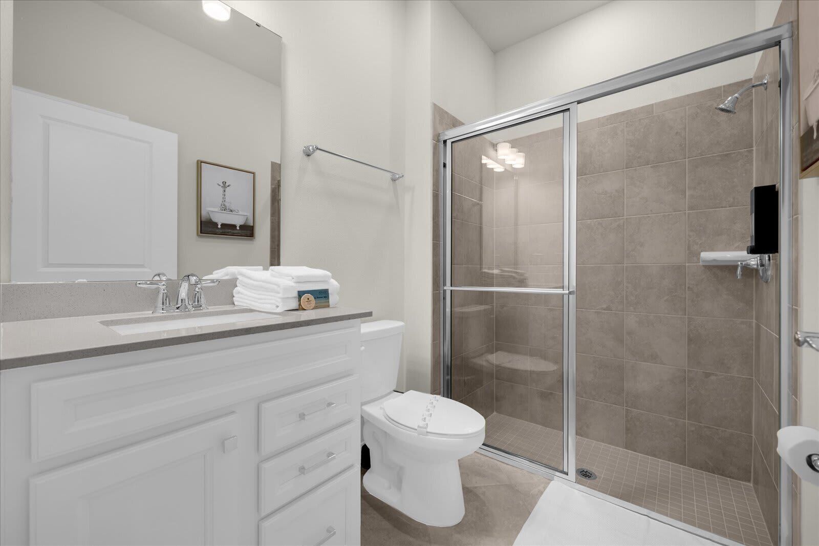 A modern bathroom with a glass-enclosed shower, a white vanity with drawers, a toilet, and a framed picture on the wall.