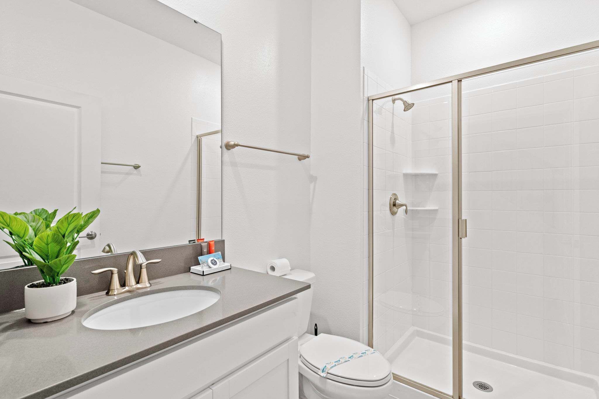 A bathroom with a sink, toilet, and glass shower enclosure.
