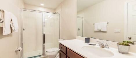 A modern bathroom with a glass shower enclosure, a white sink, and a large mirror.