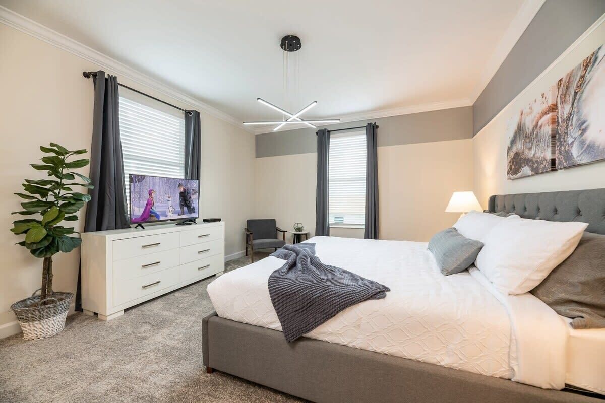 A bedroom with a bed, a TV, a dresser, a plant, and a ceiling light fixture.