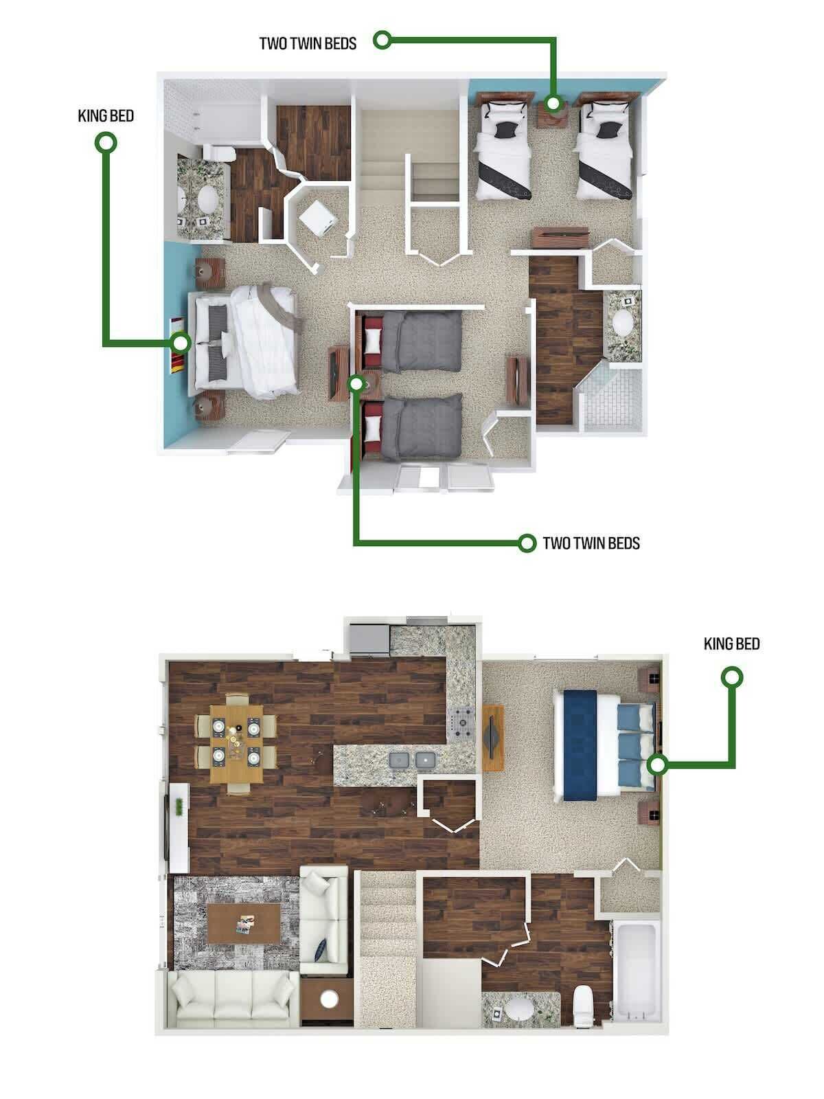 Grundriss einer Zwei-Zimmer-Wohnung mit einem Kingsize-Bett im Hauptschlafzimmer, zwei Einzelbetten im zweiten Schlafzimmer, einer Essecke und einem Badezimmer.