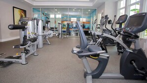 Ένα γυμναστήριο με όργανα για καρδιαγγειακή άσκηση, όργανα για ασκήσεις με βάρη και έναν τοίχο με καθρέφτες.
