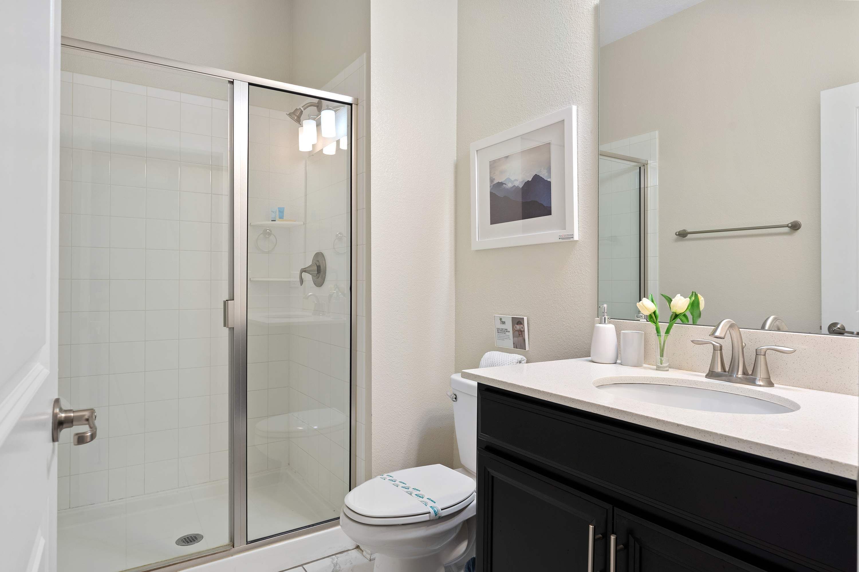 Une salle de bain avec une douche à parois de verre, des toilettes, un lavabo avec un miroir et un tableau encadré au mur.