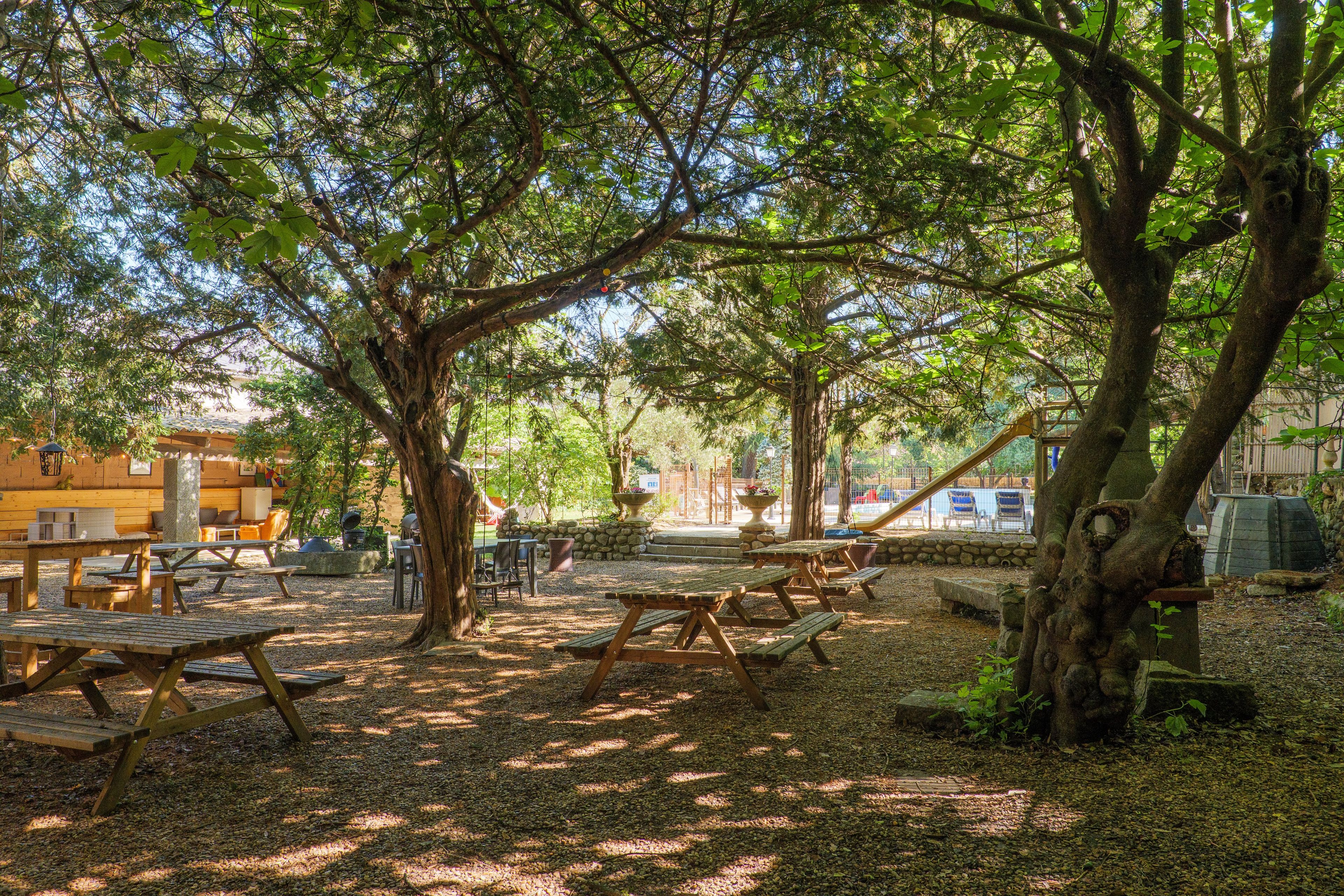 An outdoor seating area with picnic tables and benches, surrounded by trees.