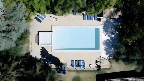 Luchtbeeld van een zwembad met ligbedden, een terras en omliggend groen.