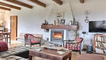 Télévision, cheminée, table de tennis de table, chaßne hi-fi