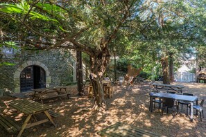 Un espace extérieur aménagé en terrasse, avec des tables et des chaises pour pique-niquer, entouré d’arbres et d’un mur en pierre.