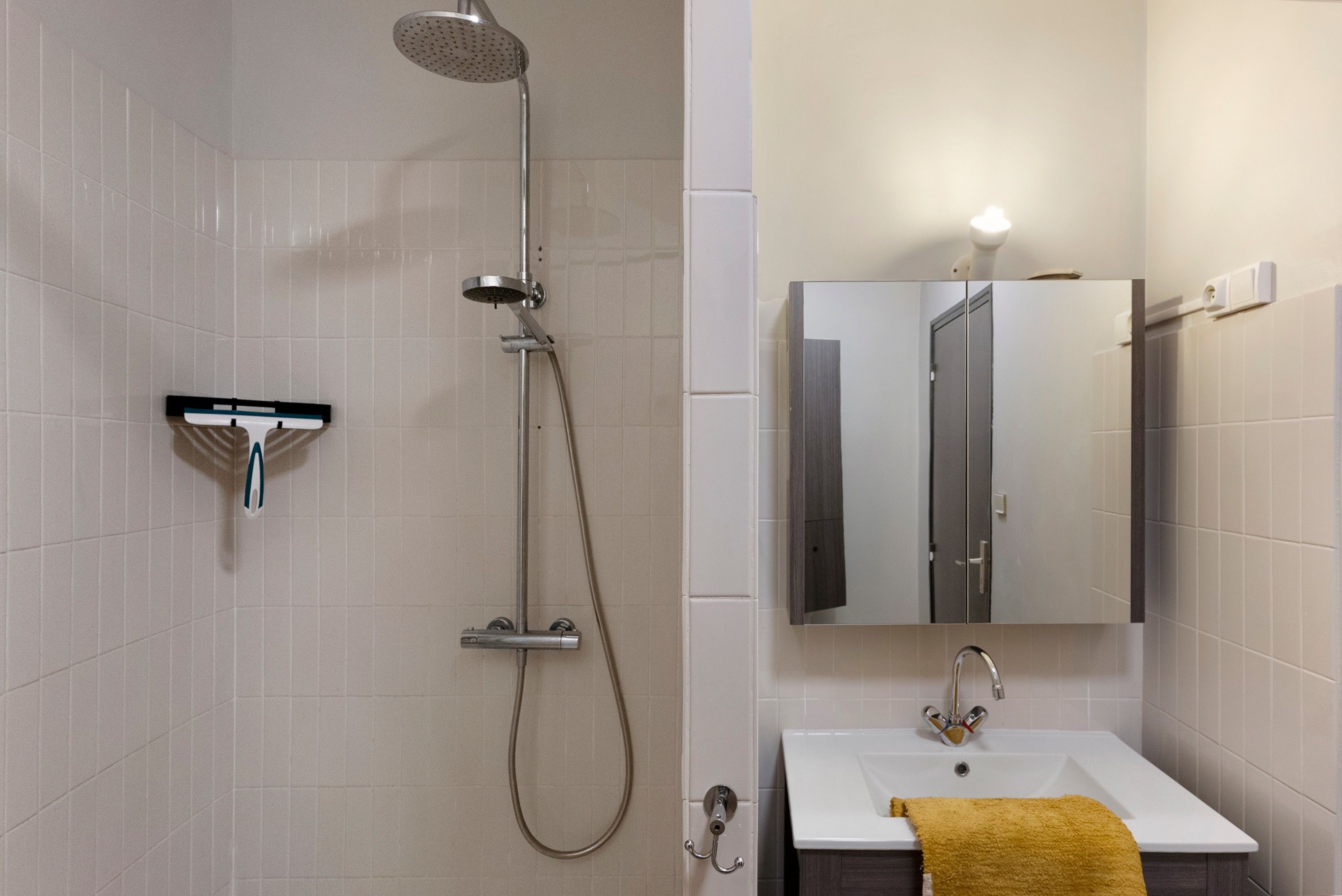 A bathroom with a shower, sink, and mirror.