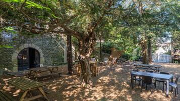 Un espace extérieur aménagé en terrasse, avec des tables et des chaises pour pique-niquer, entouré d’arbres et d’un mur en pierre.