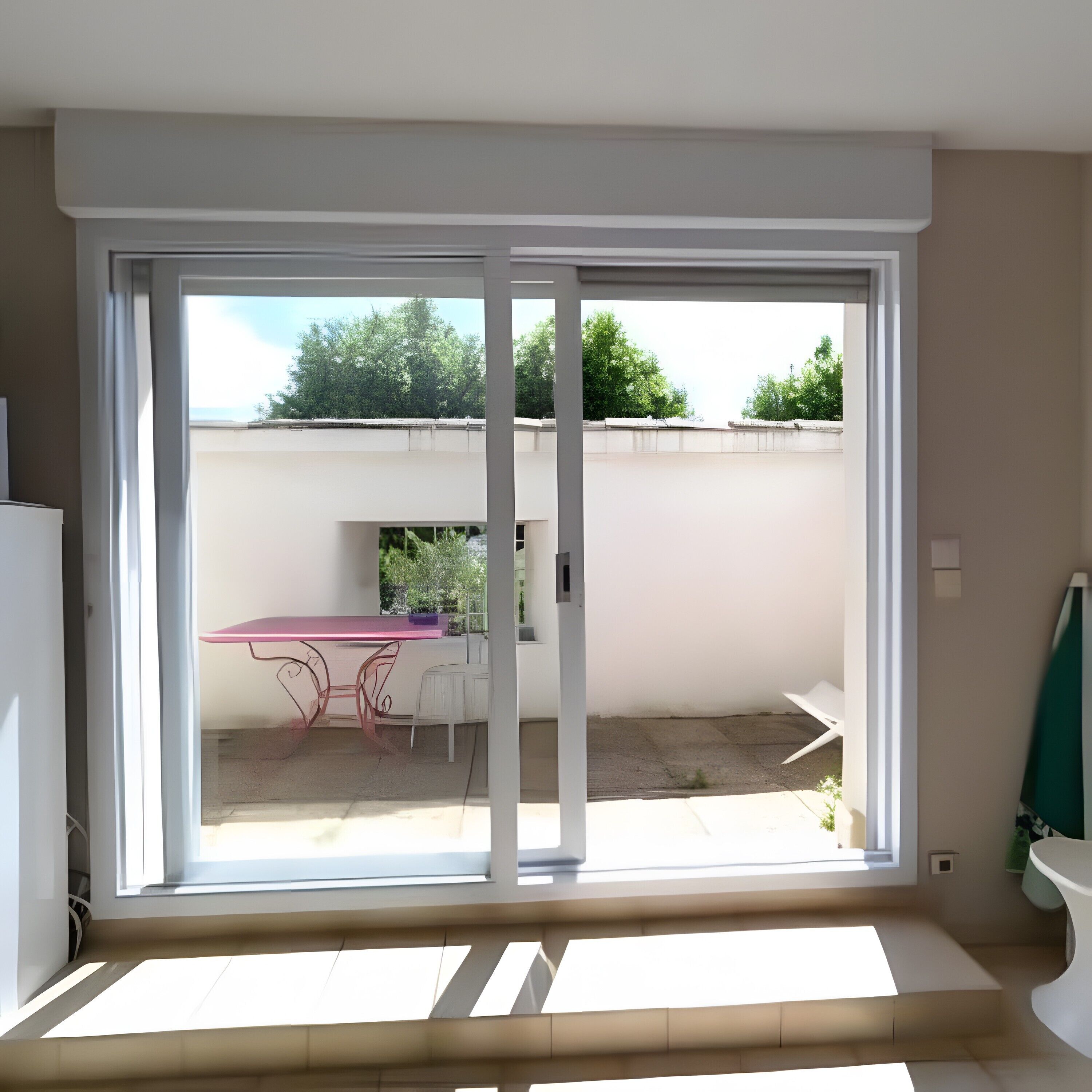 Een kamer met een schuifdeur die uitkomt op een terras.
