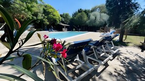 A poolside area with lounge chairs, a pool, and surrounding greenery. - Gîte '03' with Wi-Fi (Vallon-Pont-d'Arc)