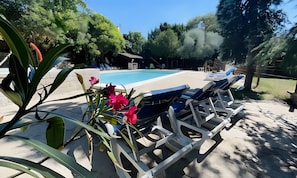 Un área junto a la piscina con sillones de descanso, una piscina y follaje circundante.