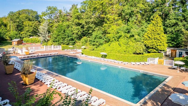 Une piscine rectangulaire entourée de chaises longues et de parasols, avec une forêt en arrière-plan.