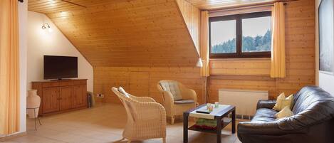 Une pièce avec un plafond en bois, une télévision, un canapé, deux fauteuils et une fenêtre.