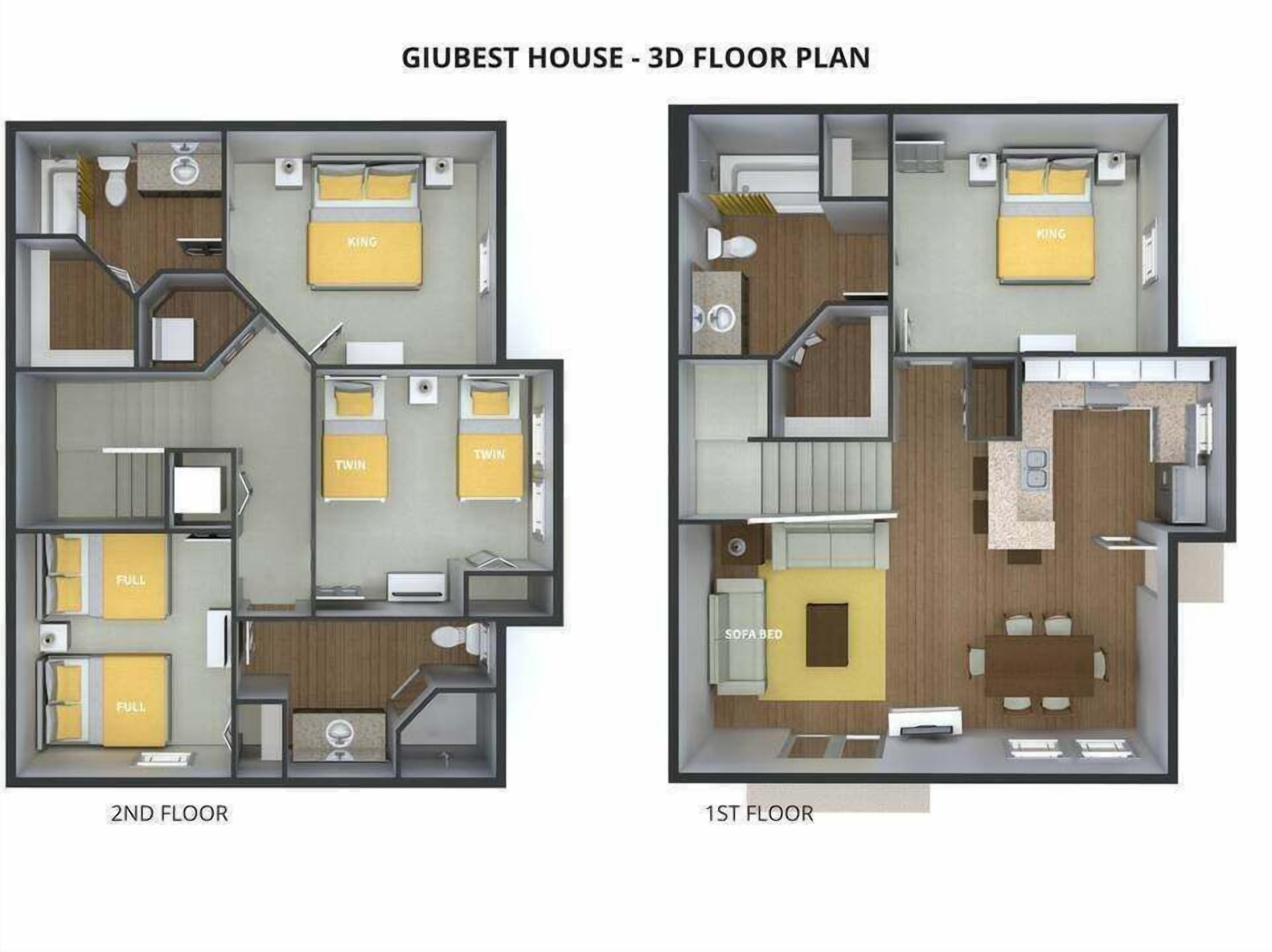 En 3D-ritning av planlösningen för ett hus med två våningar, inklusive ett kök, två sovrum, ett badrum och ett vardagsrum.