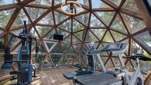 Une salle de sport équipée de matériel d’exercice, notamment un tapis de course et des appareils de musculation, située à l’intérieur d’une structure en forme de dôme géodésique.