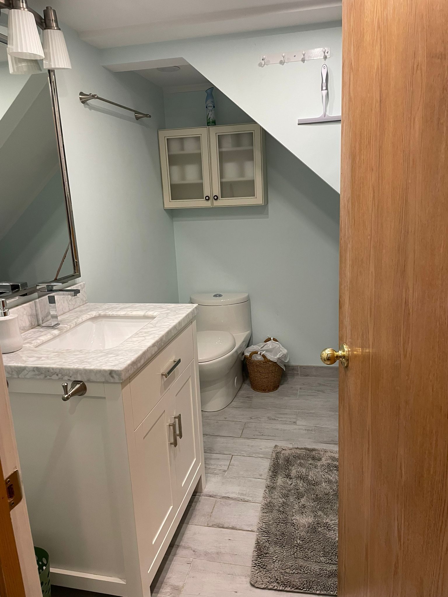 Hair dryer, towels, soap, toilet paper