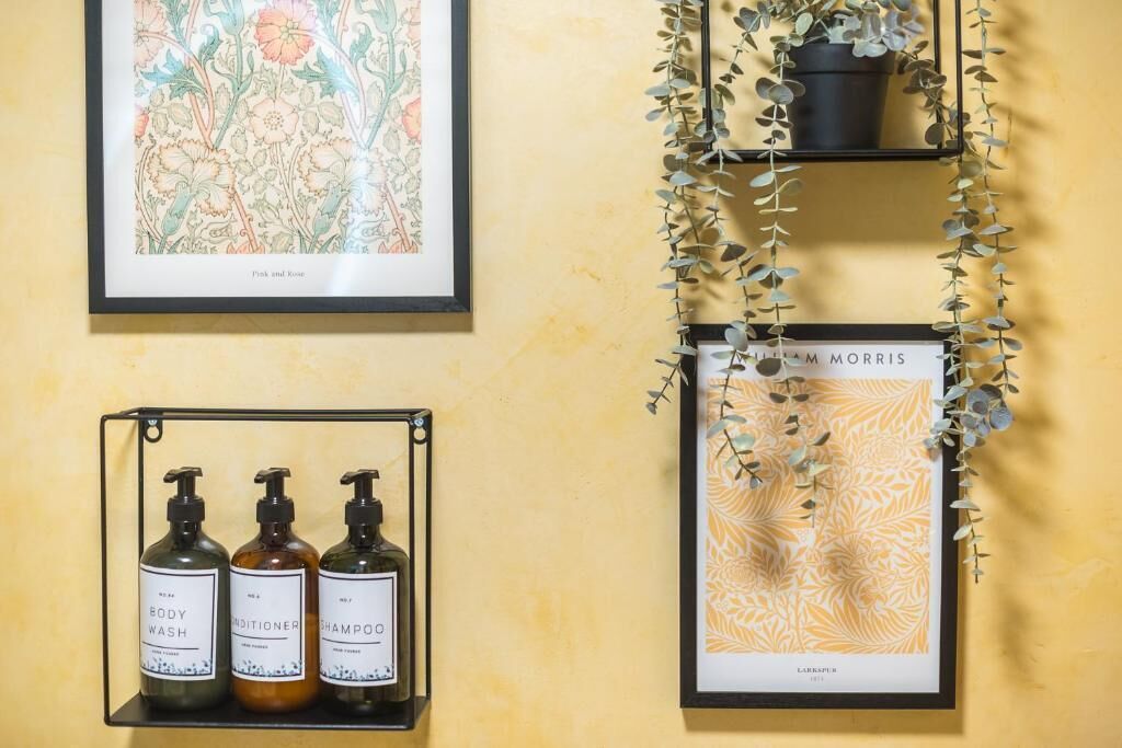 Een muur met drie ingelijste kunstwerken, een plank met drie toiletartikelen en een hangende plant.