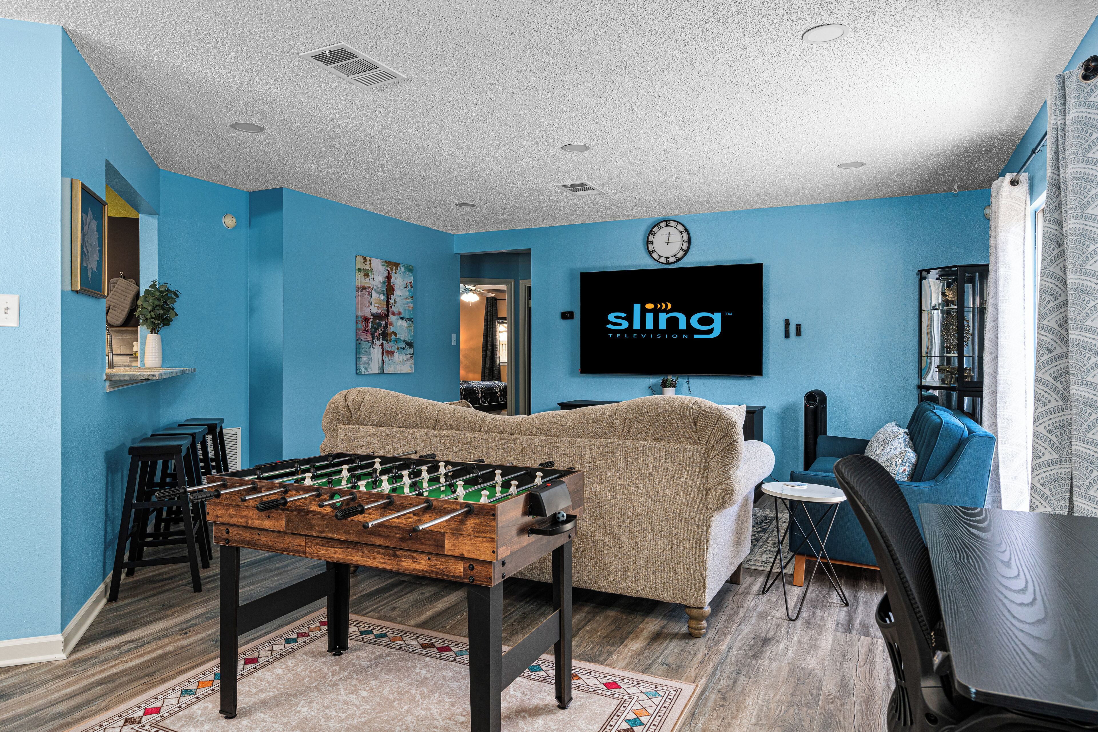 Smart TV, foosball, table tennis, books
