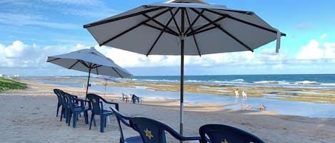 Une plage bordée de rangées de chaises bleues et de parasols blancs, un rivage sablonneux et l’océan en toile de fond.