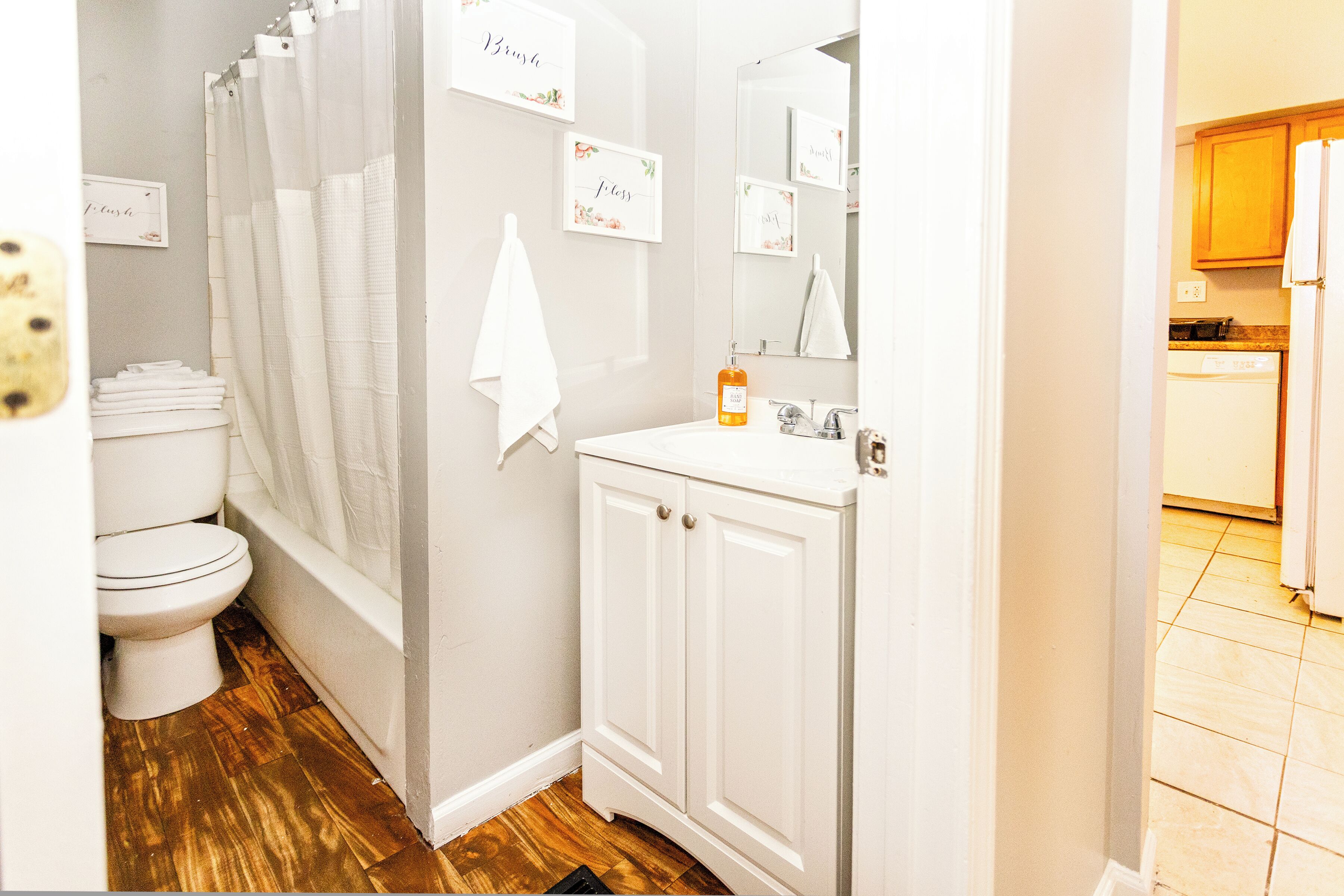 Hair dryer, towels, soap, toilet paper