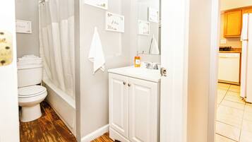 Hair dryer, towels, soap, toilet paper