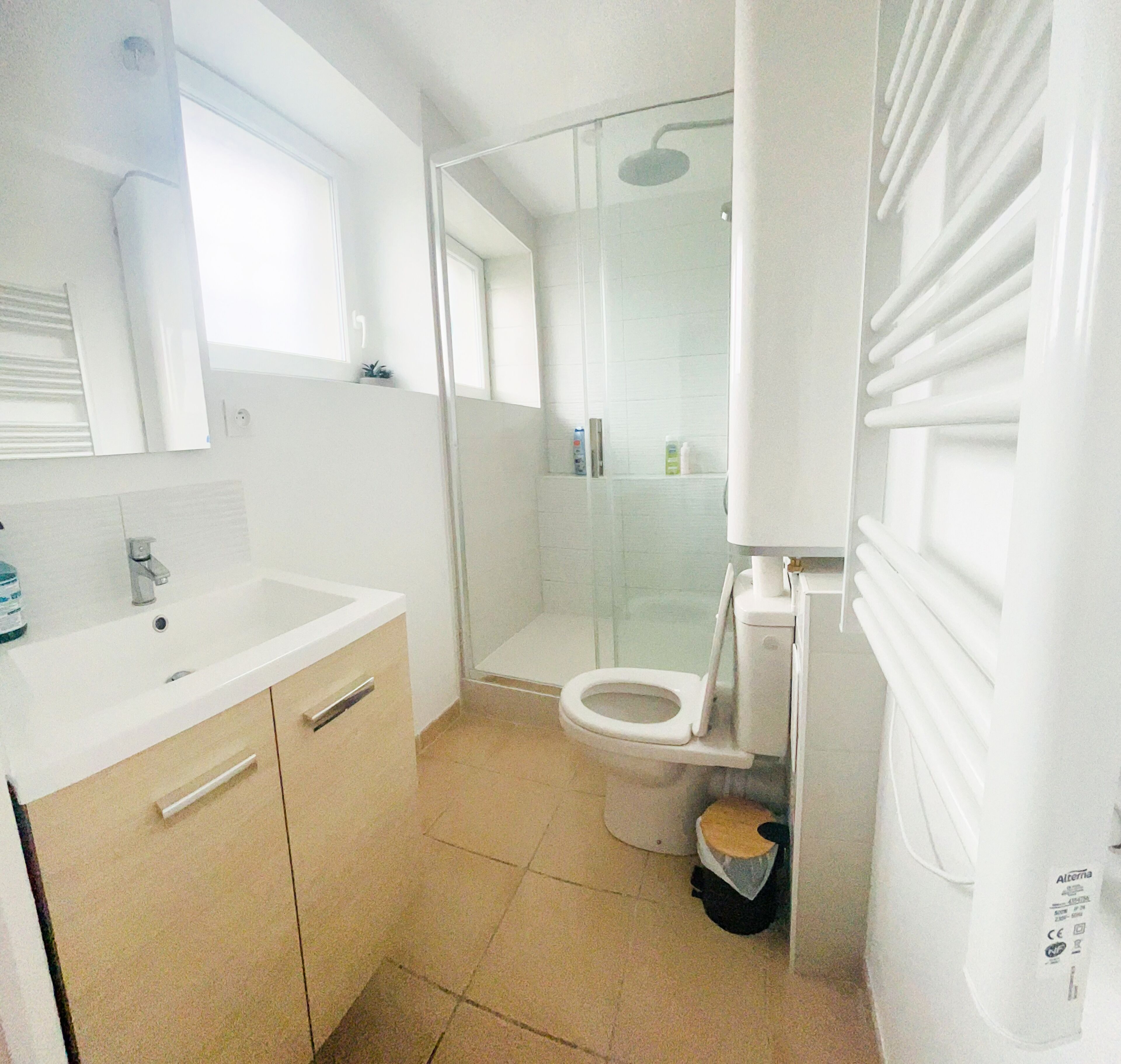 A modern bathroom with a glass shower enclosure, a toilet, and a sink with a mirror above.
