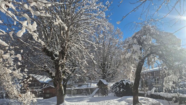 A snow-covered landscape with trees and a small building. - les touristes (Abondance)