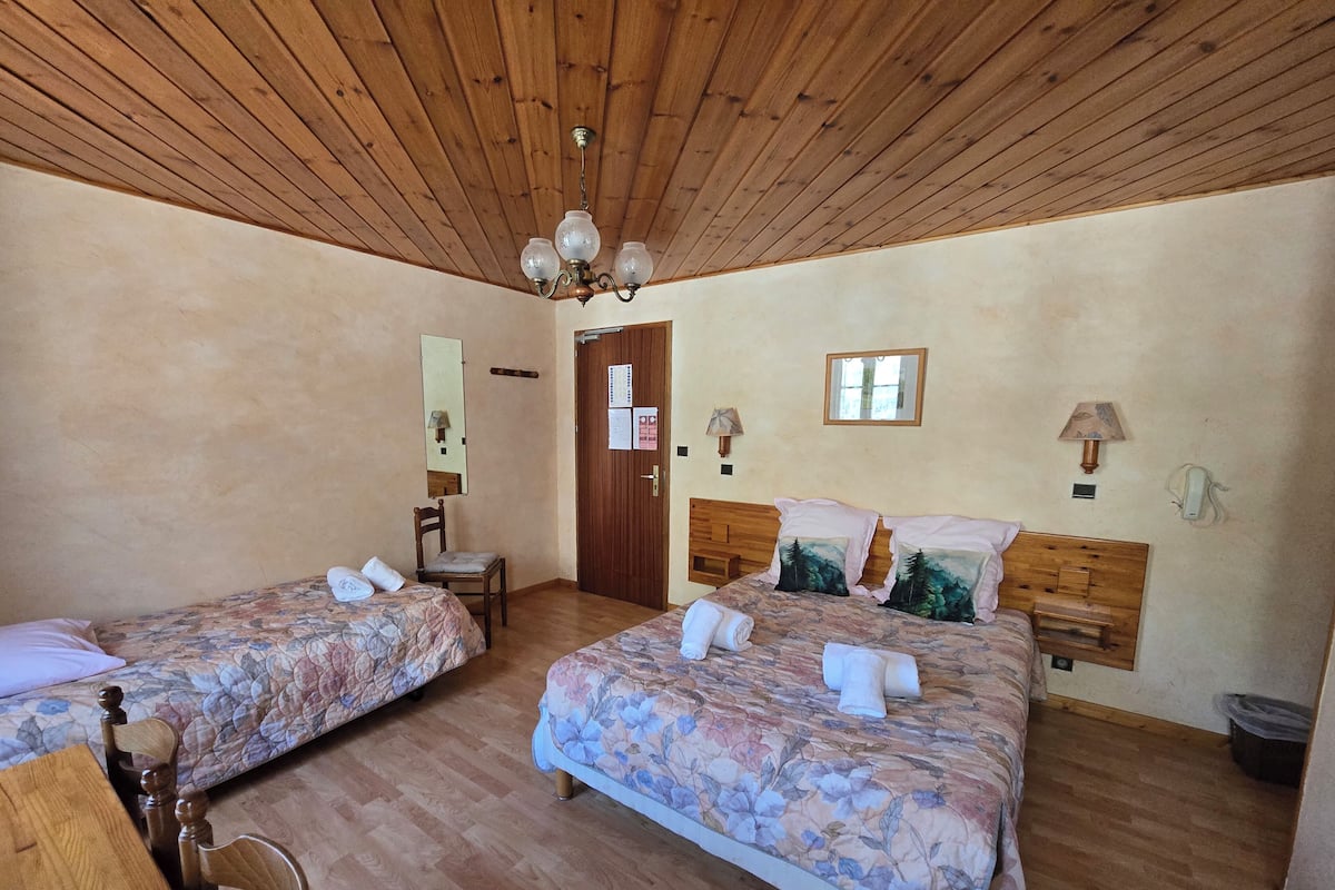 Quarto com duas camas, piso de madeira, teto de madeira, um candelabro, um espelho, uma porta e uma pequena mesa.