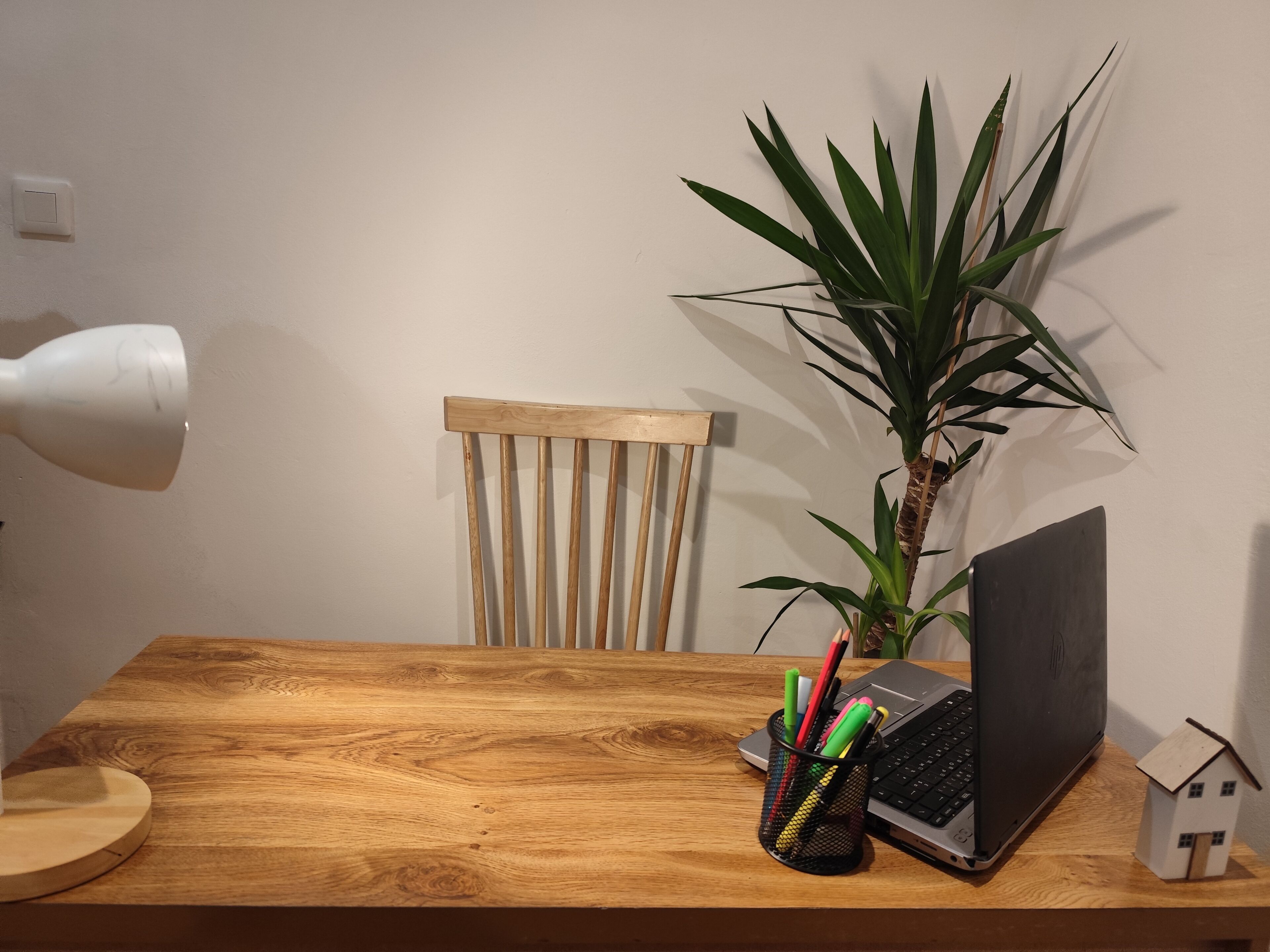 Een houten tafel met een laptop, een miniatuurhuisje, een plant en een pennenhouder.