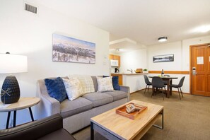 TV, fireplace - 2BR Central Whistler Village! Pool, Hot Tub, Sauna (Whistler)