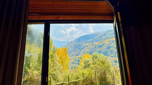 Ein Zimmer mit großem Fenster und Blick auf einen bewaldeten Gebirgszug.