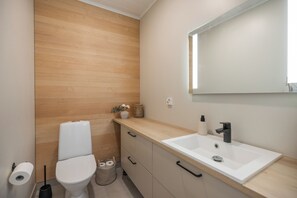 Hair dryer, bidet, towels, soap