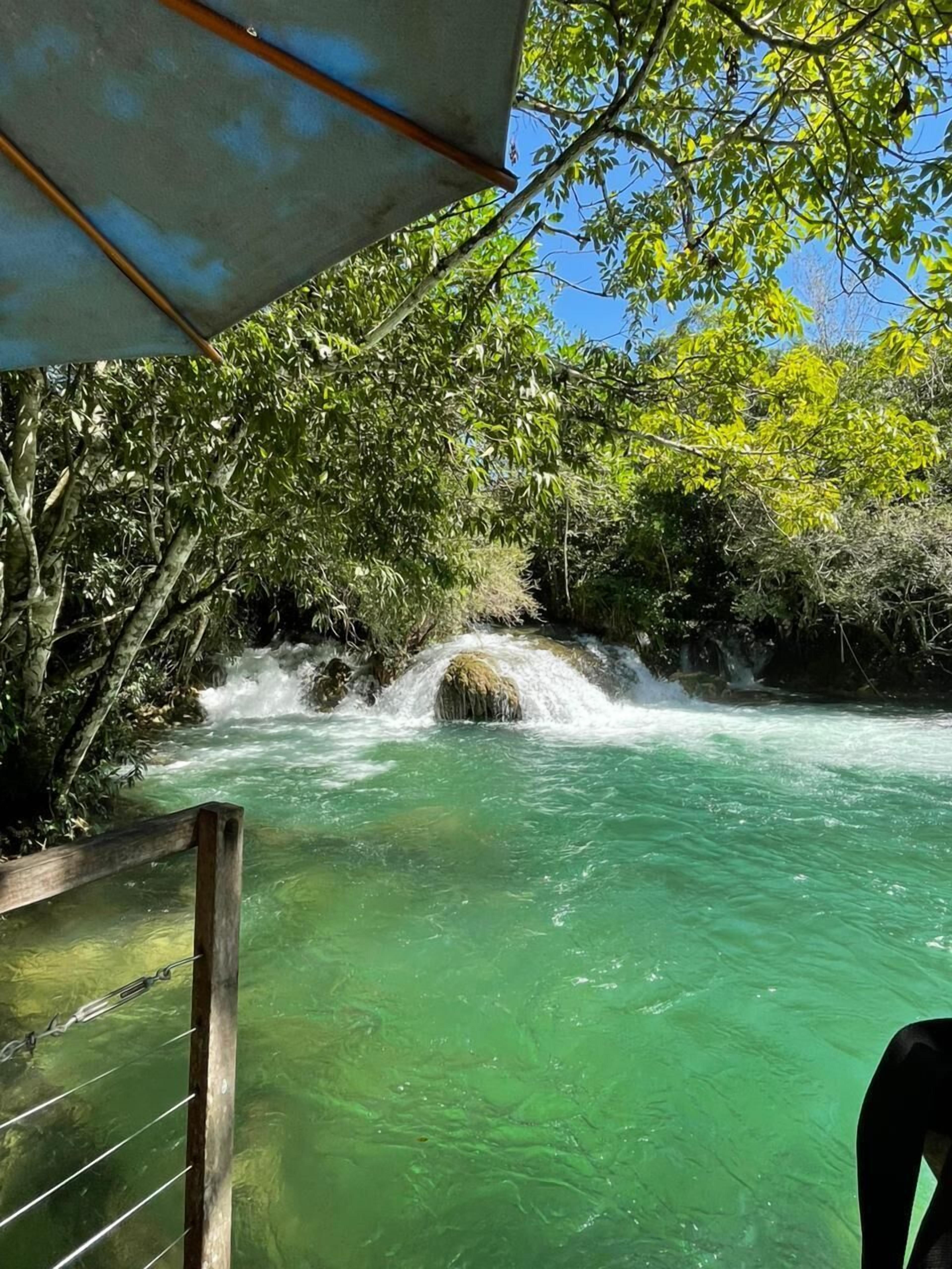 Um rio com uma pequena cascata, rodeado por vegetação densa e árvores.