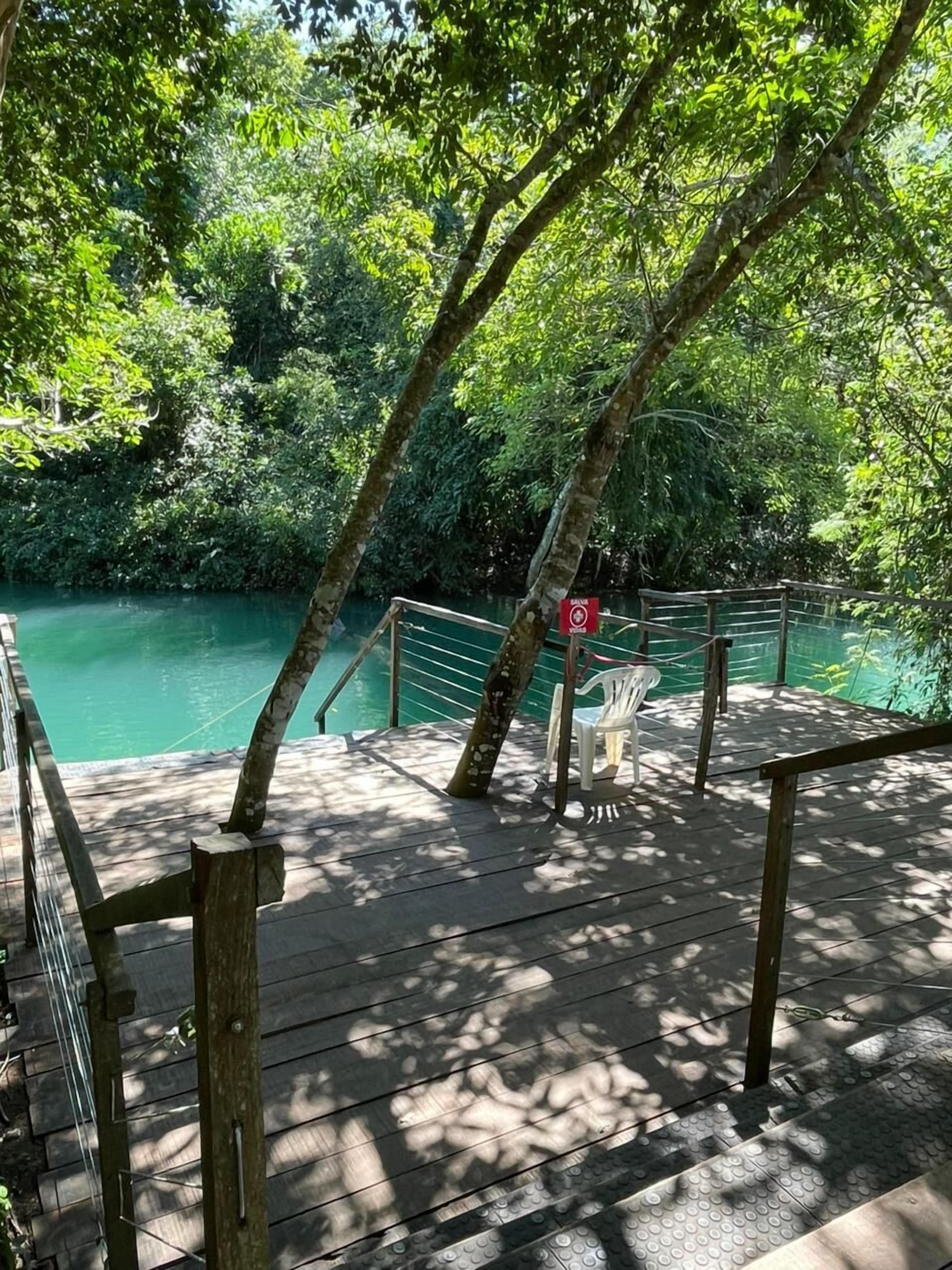 A wooden deck with railings overlooking a body of water, surrounded by dense greenery.