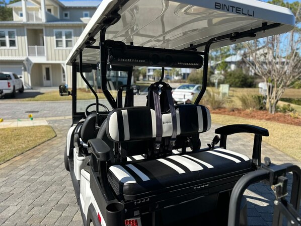 A golf cart with a black and white striped seat, a BINTELLI brand canopy, and a rear view of the cart's design. - Down da Road (Miramar Beach)
