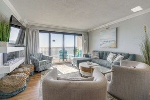 TV, fireplace - Steps to Sand! 8th-Floor North Myrtle Beach Condo (North Myrtle Beach)