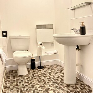 A bathroom with a toilet, a sink, a mirror, and a roll of toilet paper. - Comfy & Charming Flat Family & Corporate Friendly (Liverpool)