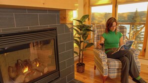 Una persona sentada junto a una chimenea con una planta a su lado.