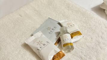 Hair dryer, bidet, towels, soap