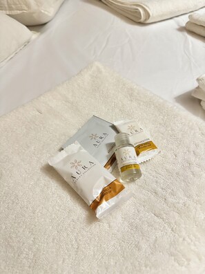 Hair dryer, bidet, towels, soap