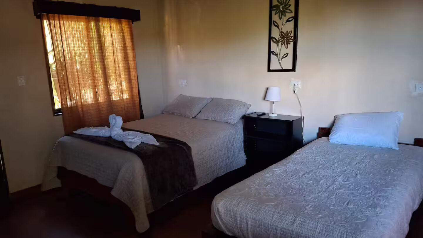 A room with two beds, a window with curtains, a wall-mounted lamp, and a power outlet.