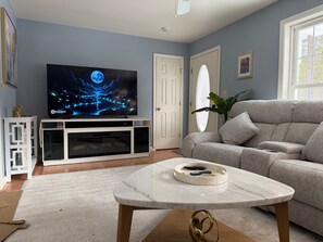 Smart TV, fireplace, books