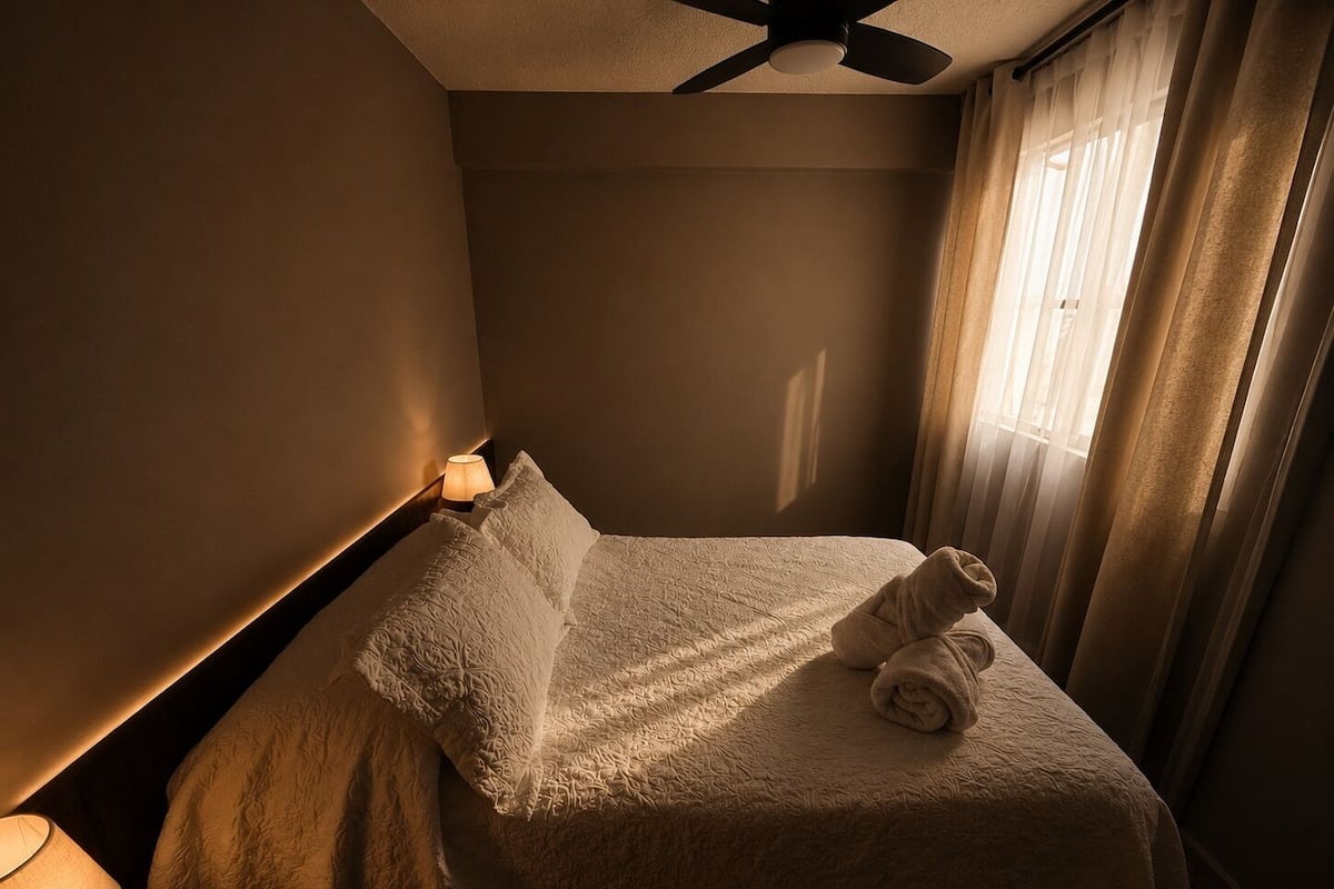 A hotel room with a bed, a ceiling fan, a lamp, and a window with curtains.